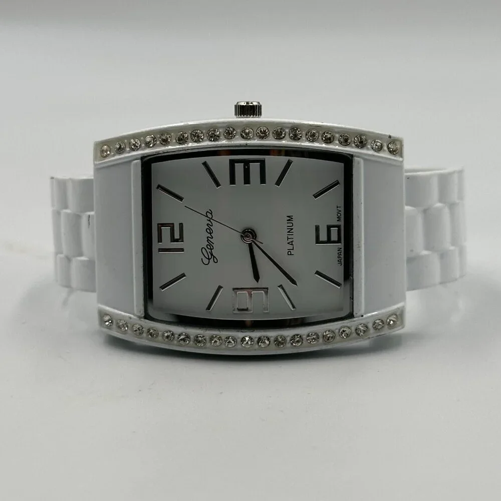 3/$30 Geneva Watch Women White Crystal Bezel Hinged Cuff Band New Battery